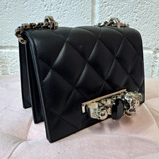 Black Quilted Leather Shoulder Bag Silver Chain Strap Clasp Detachable Strap
