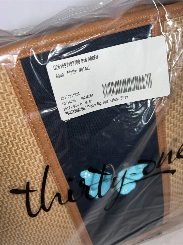 Thirty One - Dream Big Tote - Natural Straw Blue Flutter Butterfly Beach Bag NWT - Image 3 of 4