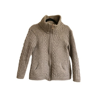 Vtg Aran Mor Gray Cable Knit Zip Merino Wool Sweater Cardigan Turtleneck Size M