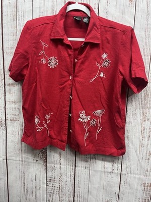 Erika Floral Shirt Size M Cotton Red Floral Short Sleeve Button Up Linen Blend