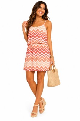 Cloud Sky Chevron Print Overlay Blouson Dress Size Medium Coral Peach White