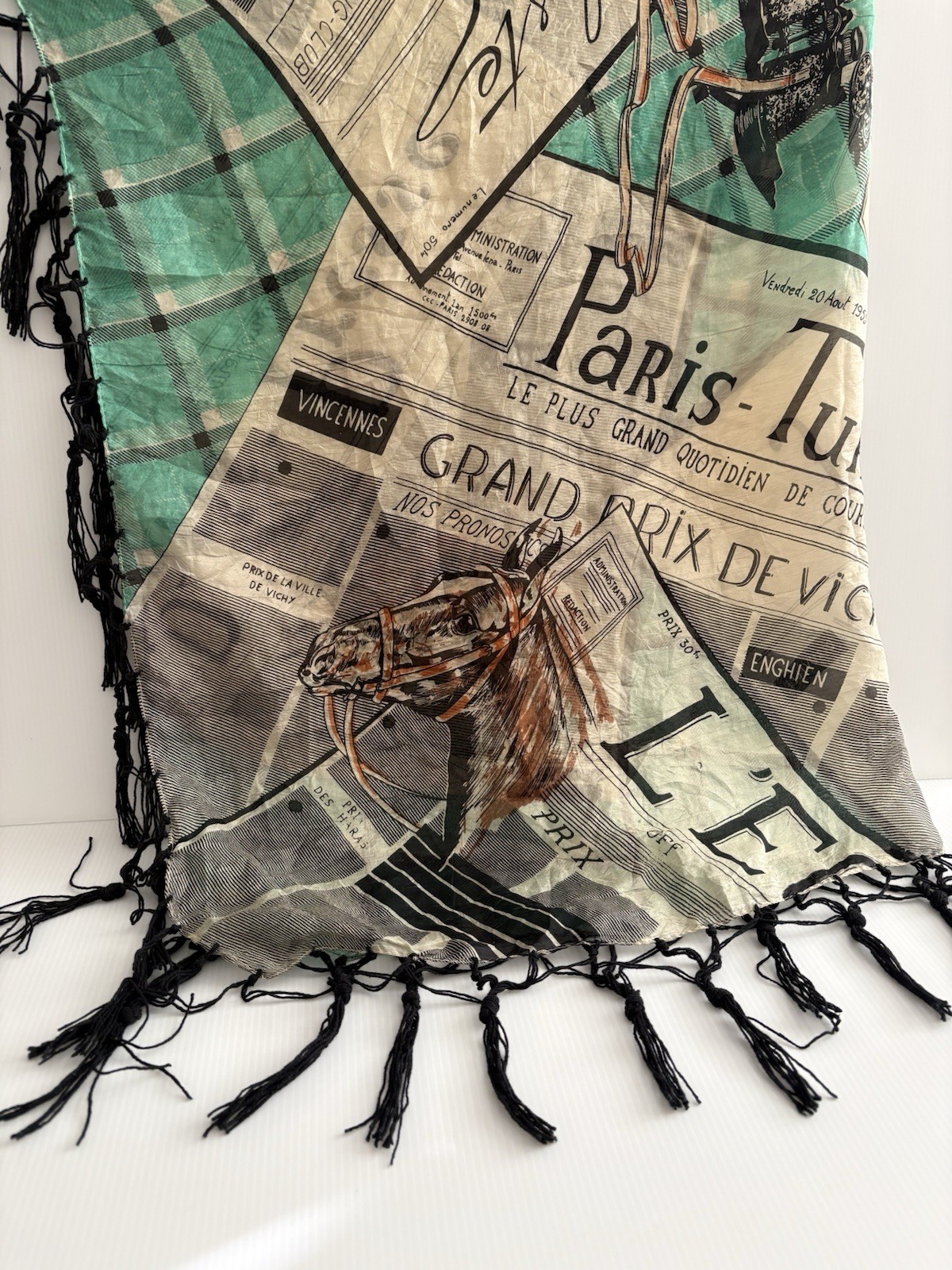 Vintage French Horse Racing Silk Scarf 40”x40” with Tassels – Paris-Turf Theme