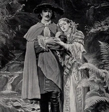 CAVELIER & FAIR MAID  - Lush Forest Scott Gothic Romance 1892 Antique Print