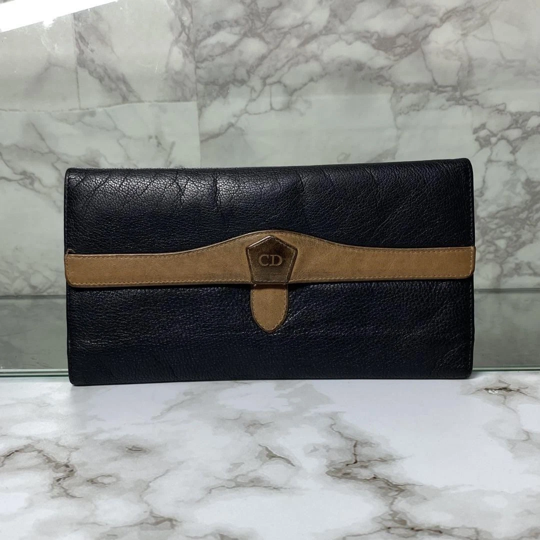 Portefeuille long Christian Dior noir logo cuir véritable années 90 vintage