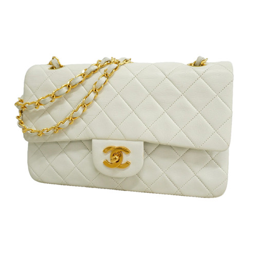 Chanel Double Flap Chain Shoulder Bag Quilted Lambskin White Women's #OTB3734