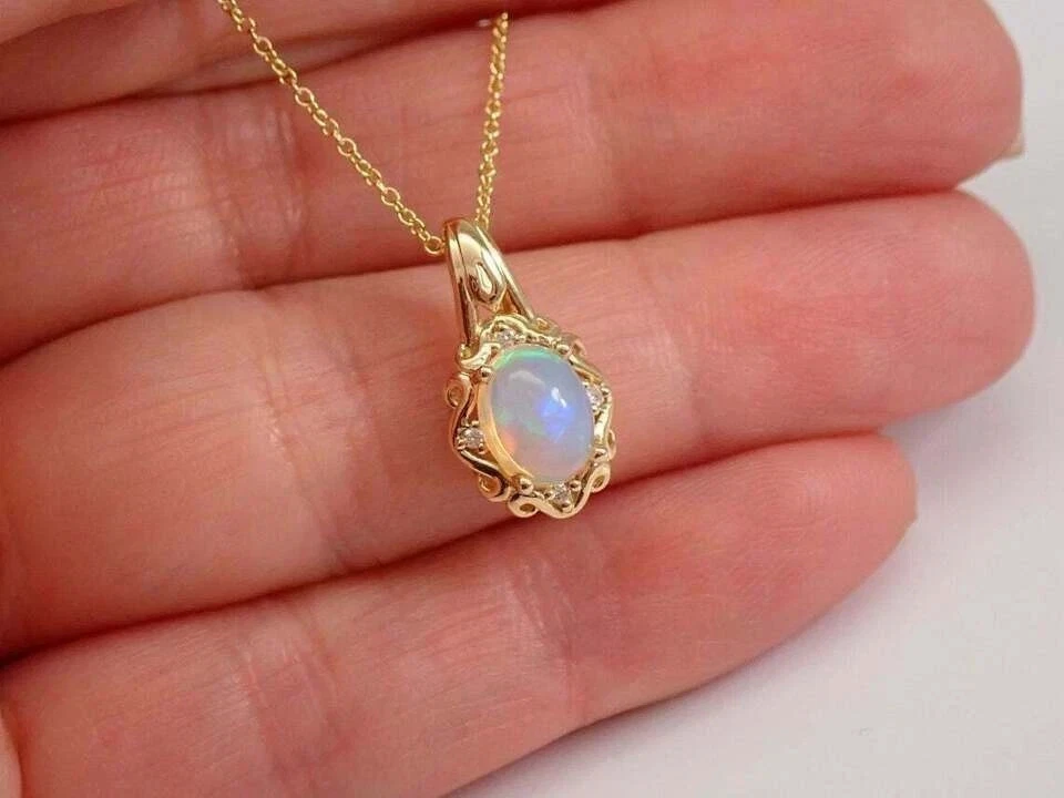 2Ct Oval Cut Fire Opal Diamond Solitaire Pendant 14K Yellow Gold Over Free Chain - Image 4 of 4