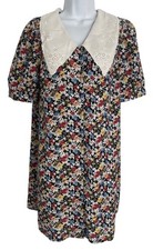 Nasty Gal Floral Button-Front Short Sleeve Dress Embroidered Collar Romantic Cot