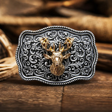 Deer Buck Head Belt Buckle Western Floral Scroll Gold Silver Tone Hunting Rodeo