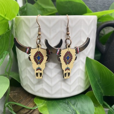 2.25  Bronze-tone Western Bull Wood Drop Dangle Earring Set New Free Ship B8005