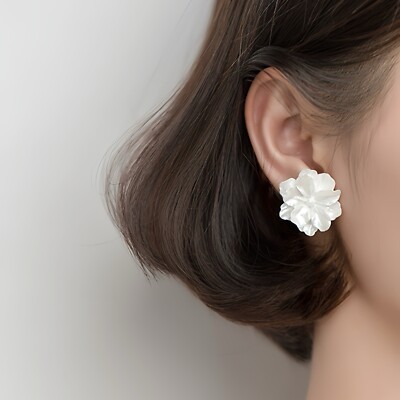Ivory Giant Flower Solid S925 Stud Earrings Earlobe Big Milk White Rose  Summer - Main Image