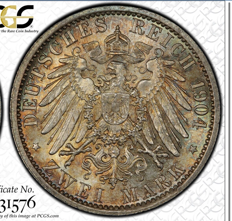 1904 Germany 2 Mark Hesse-Darmstadt Birthday 2 Mark PCGS MS65 Subtle Toning - Image 2 of 4