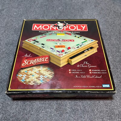 Monopoly Scramble Board Game Solid Wood Chess Checkers Dominoes Poker Dice