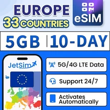 JetSim Europe eSIM 10 Days 5GB 5G/4G Data Digital SIM Card for Travel to Europe