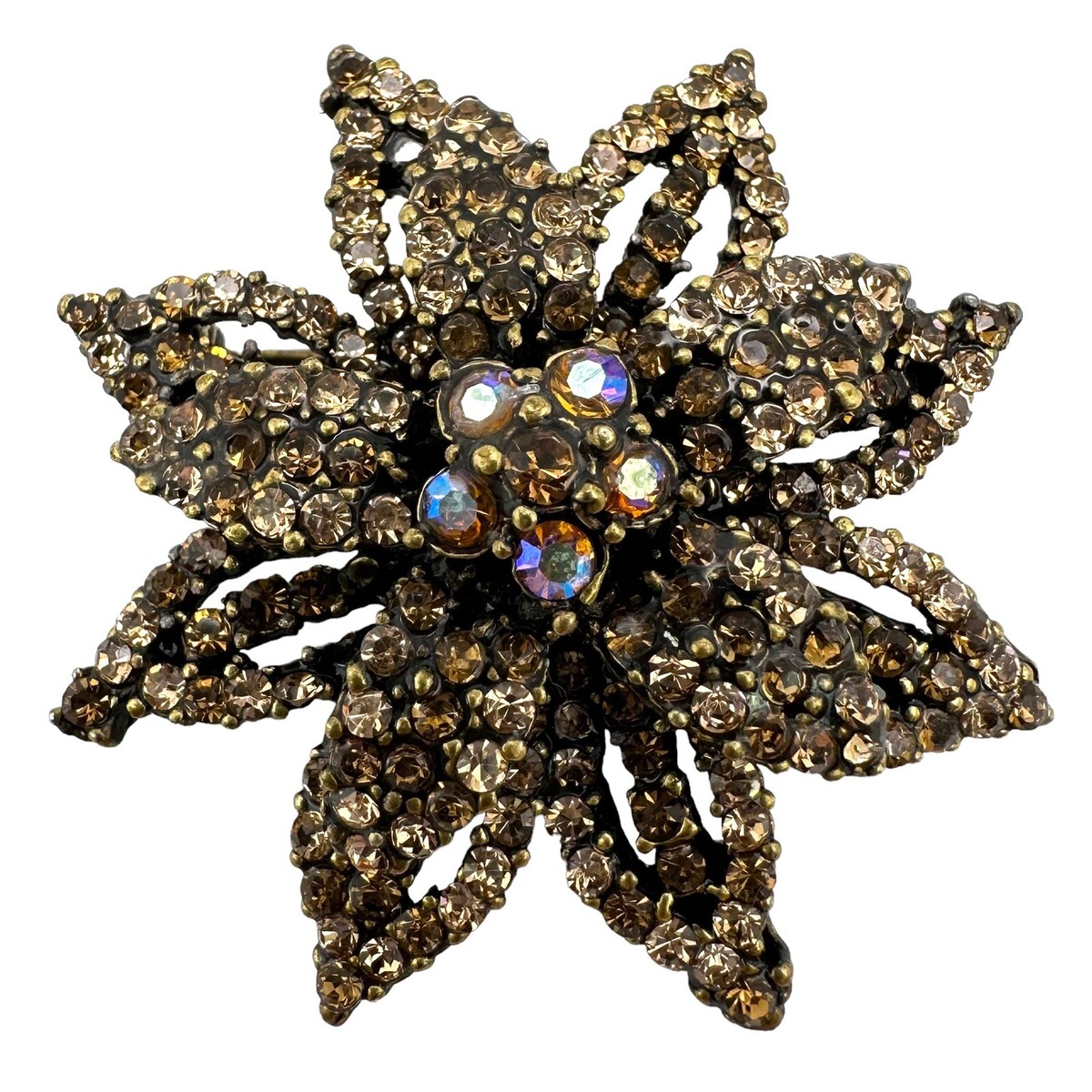 Vtg 1928 Brand Bronze Tone Topaz AB Crystal Star Floral