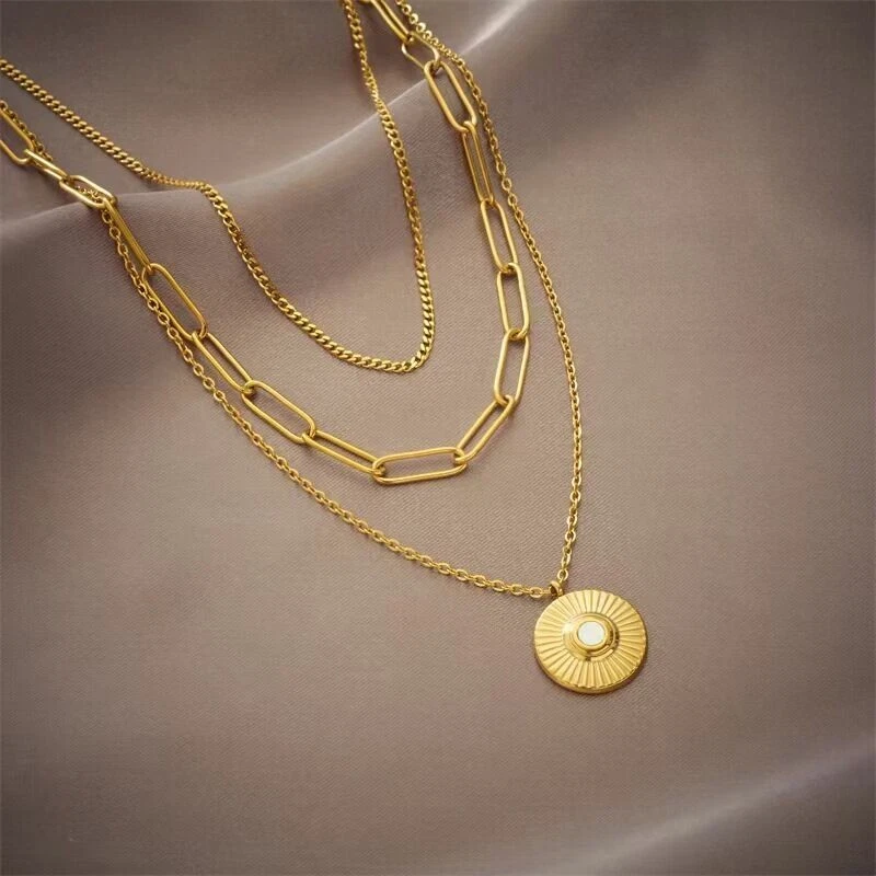 Woman 18K Gold Plated Triple Layers Round Charm Paper Clip Chain Necklace - Image 3 of 4