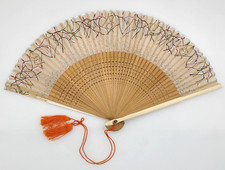 Vintage Carved Wood Hand Fan Light Brown Wood. Orange Silk Tassel With Box