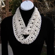 Soft Solid Cream SUMMER SCARF Infinity Loop Skinny Off White Handmade Crochet