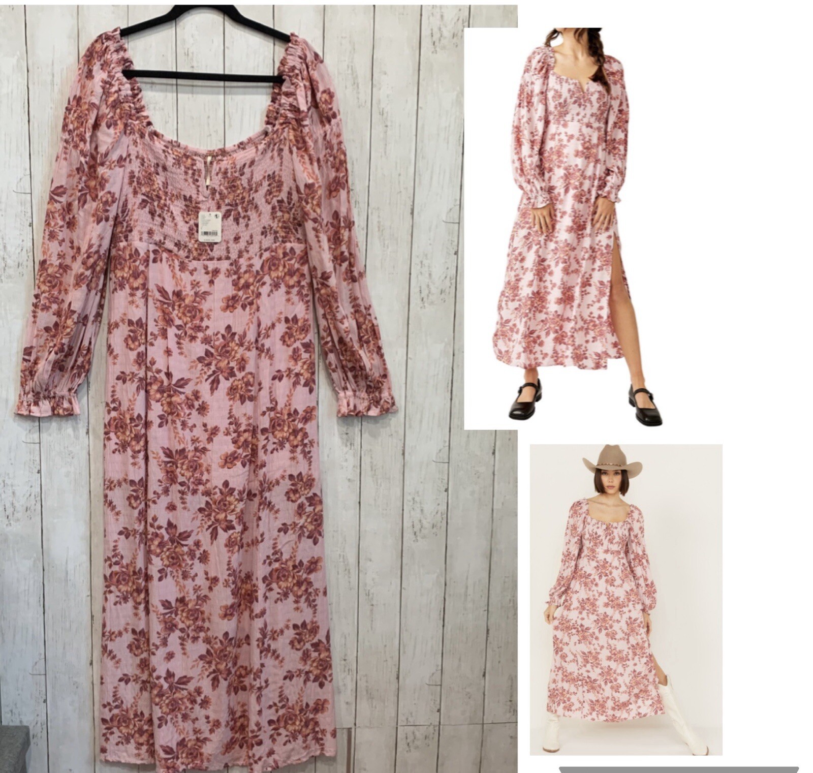 Free People Womens Jaymes Floral Smocked Square Neck Midi Dress Long Sleeve L