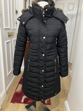 Joules Women’s BLACK Long Quilted Padded coat/ Jacket With Fur Hood. Sz 12.