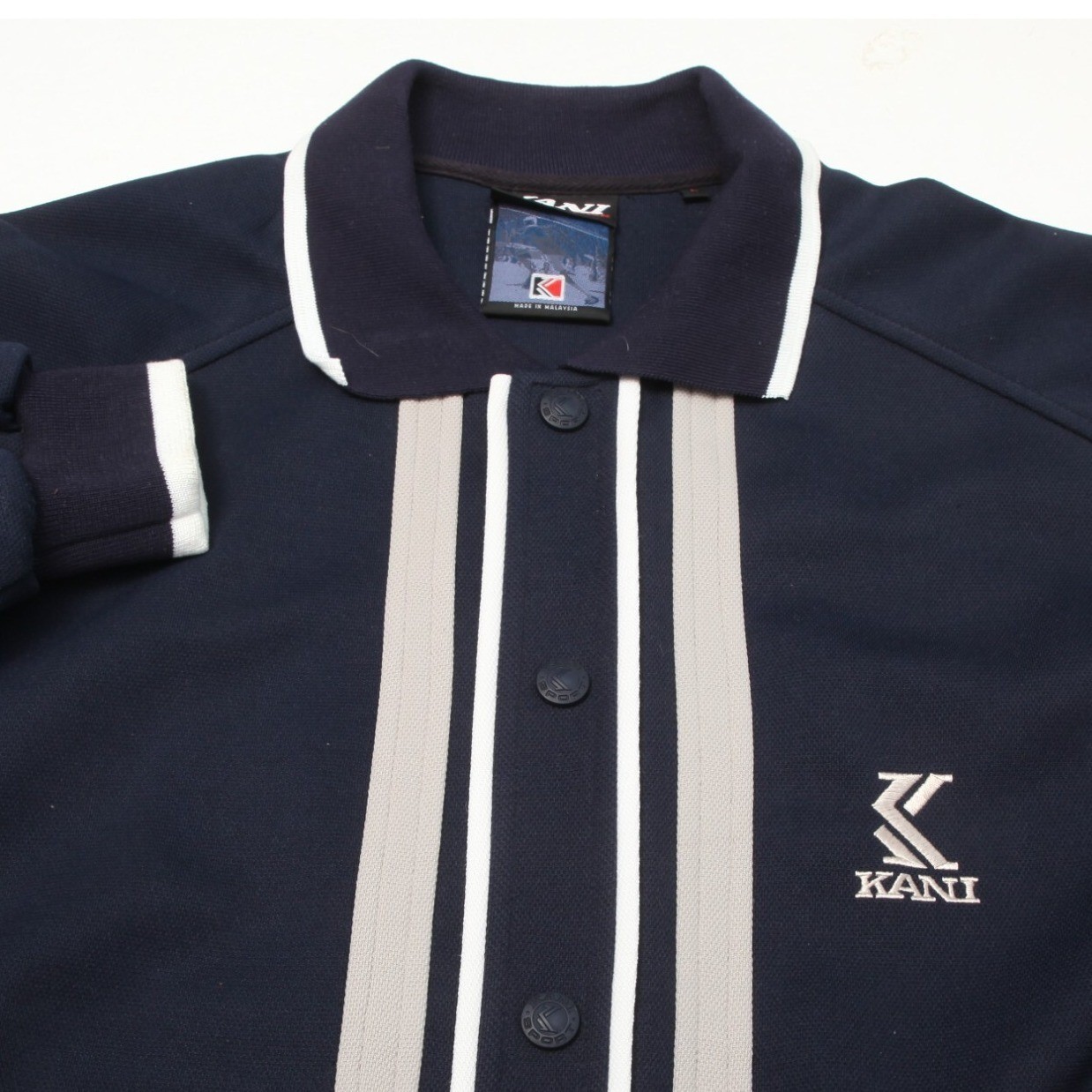 Karl Kani Endurance Polo Shirt Mens Large Navy Blue Long Sleeve Stripe Vintage