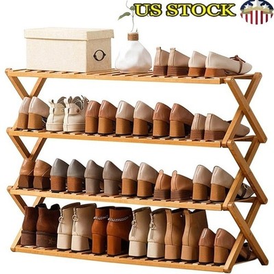 Foldable Bamboo Shoe Rack 4 Tier Space Saving Organizer Durable Lightweight New