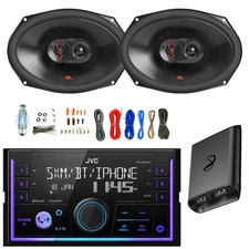 JVC Double DIN Bluetooth AM/FM Receiver, 2x 6x9" 375W Car Speakers, Amp w/Kit