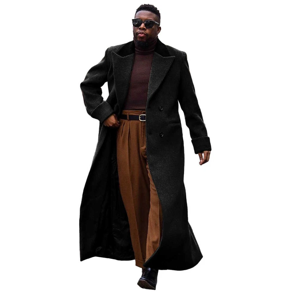 Hombres Abrigos Extra Largo Mezcla Lana Abrigo Invierno Negocios Prendas exteriores Doble Pecho Foto 2 de 4