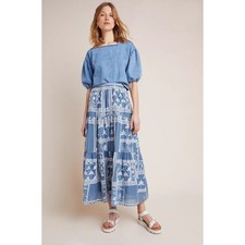 Maeve Anthropologie Embroidered Tiered Maxi Skirt Blue White Medium EUC