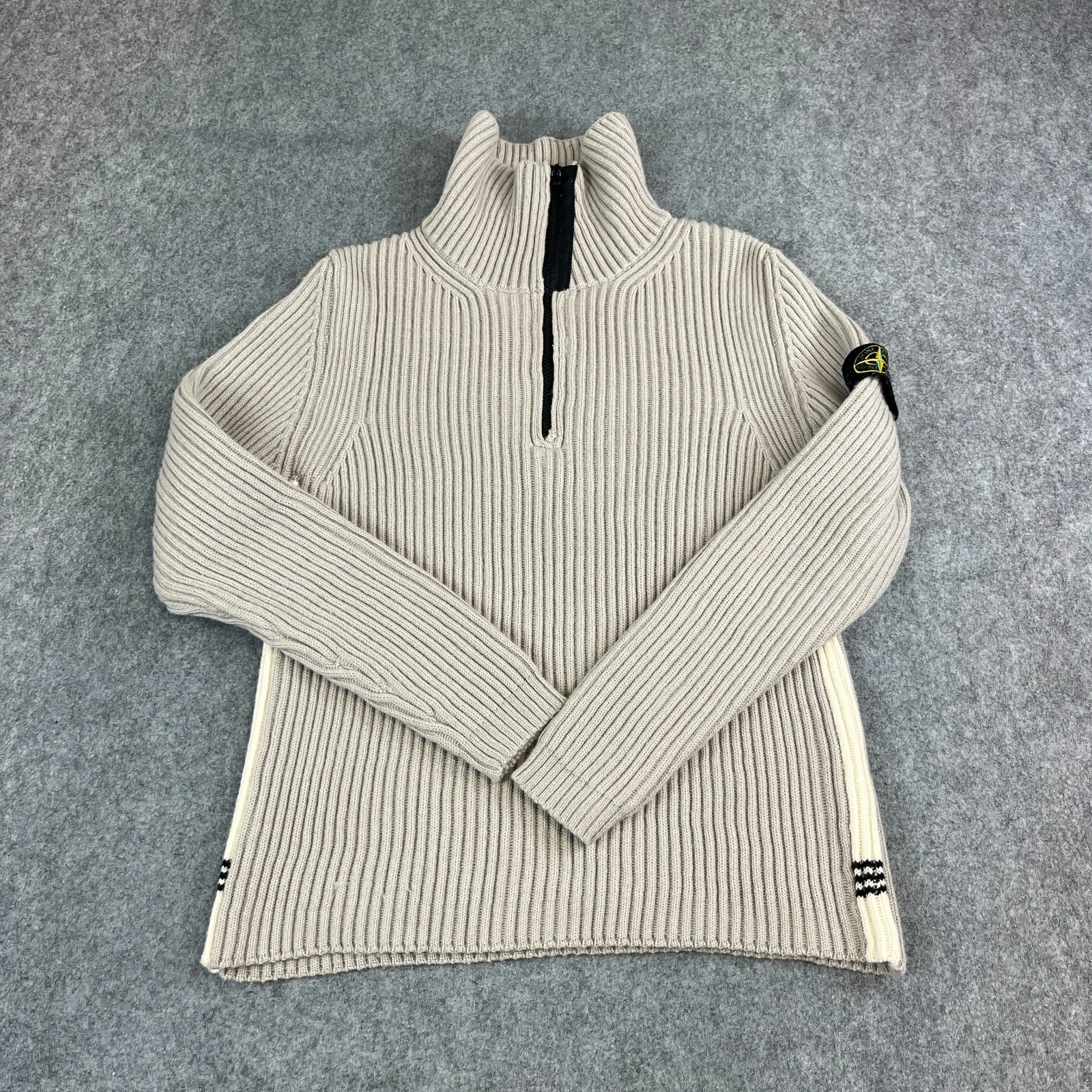 Stone Island Mens Ribbed Jumper Wool 1/4 Zip Medium Grey Rare 3 Stripe Badge