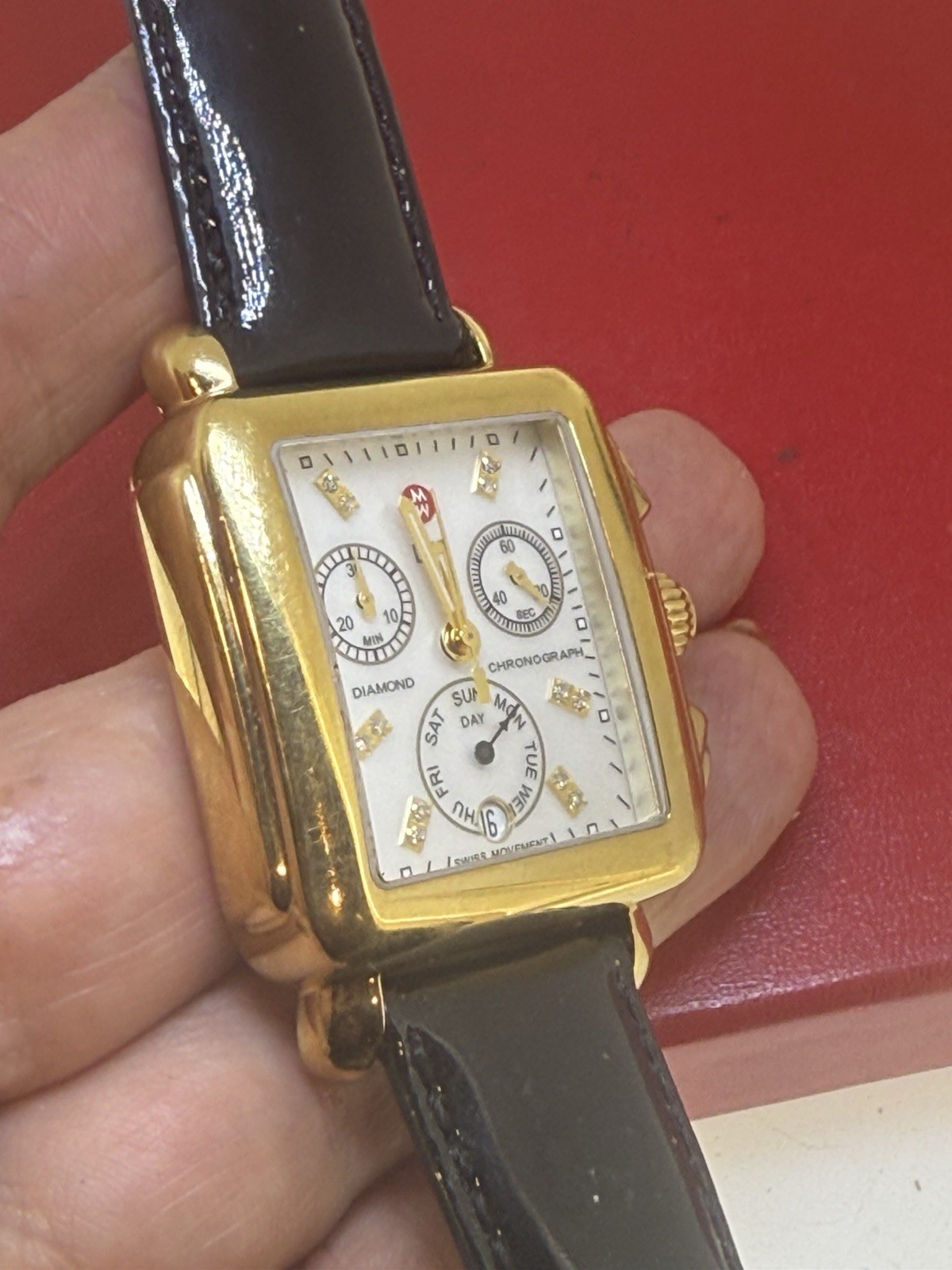 Authentic Michele Deco Diamond Dial Chronograph Gold Tone Watch