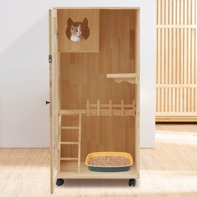 Wooden Large Indoor Cat Enclosure Catio Cage with Ramp and Covered Cat House Kit