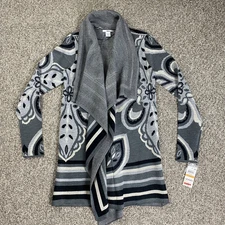 Bar III Sweater Womens Small Gray Black Jacquard Open Front Shawl Cardigan NWT