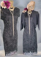 Joanna Roman black Cochet lace tassel gatsby evening Occasion Dress Bolero 12