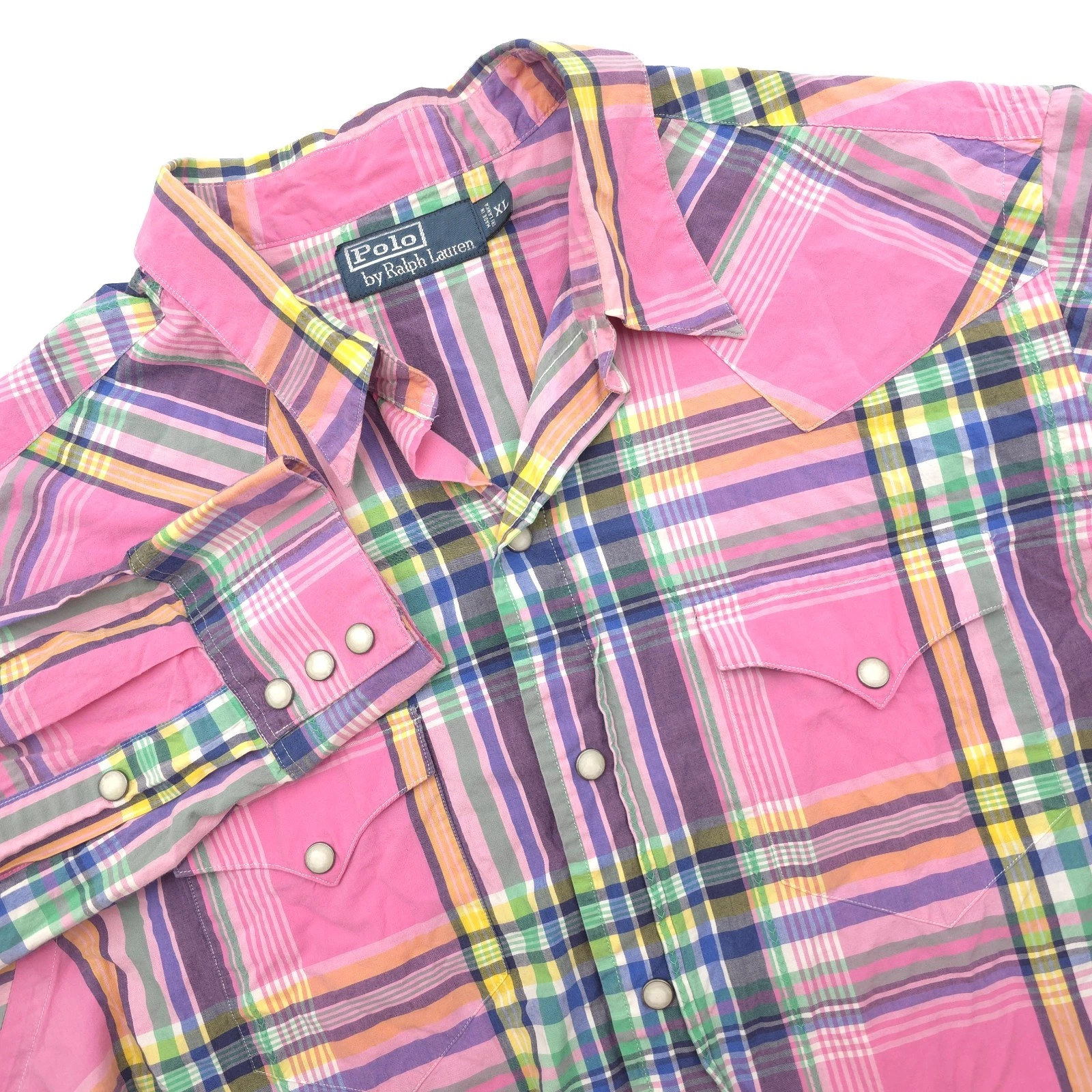 Polo Ralph Lauren Shirt Men's XL Pink Green Plaid Western Pearl Snap Long Sleeve