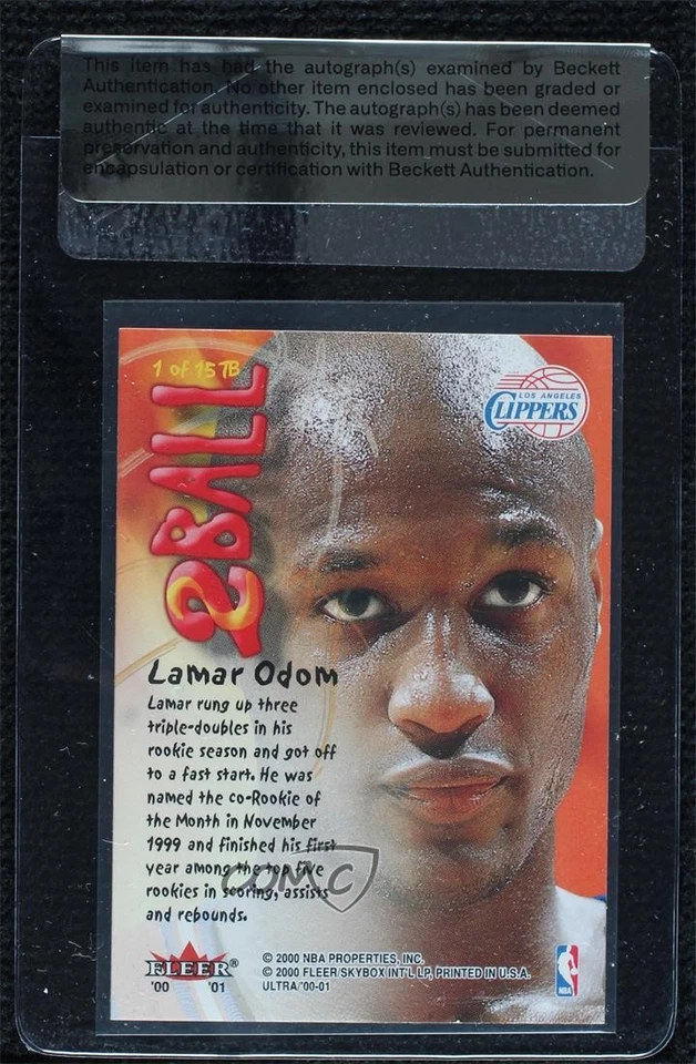 BAS 2000-01 Fleer Ultra 2 Ball Lamar Odom #1TB Seal of Authenticity Auto - Image 2 of 2