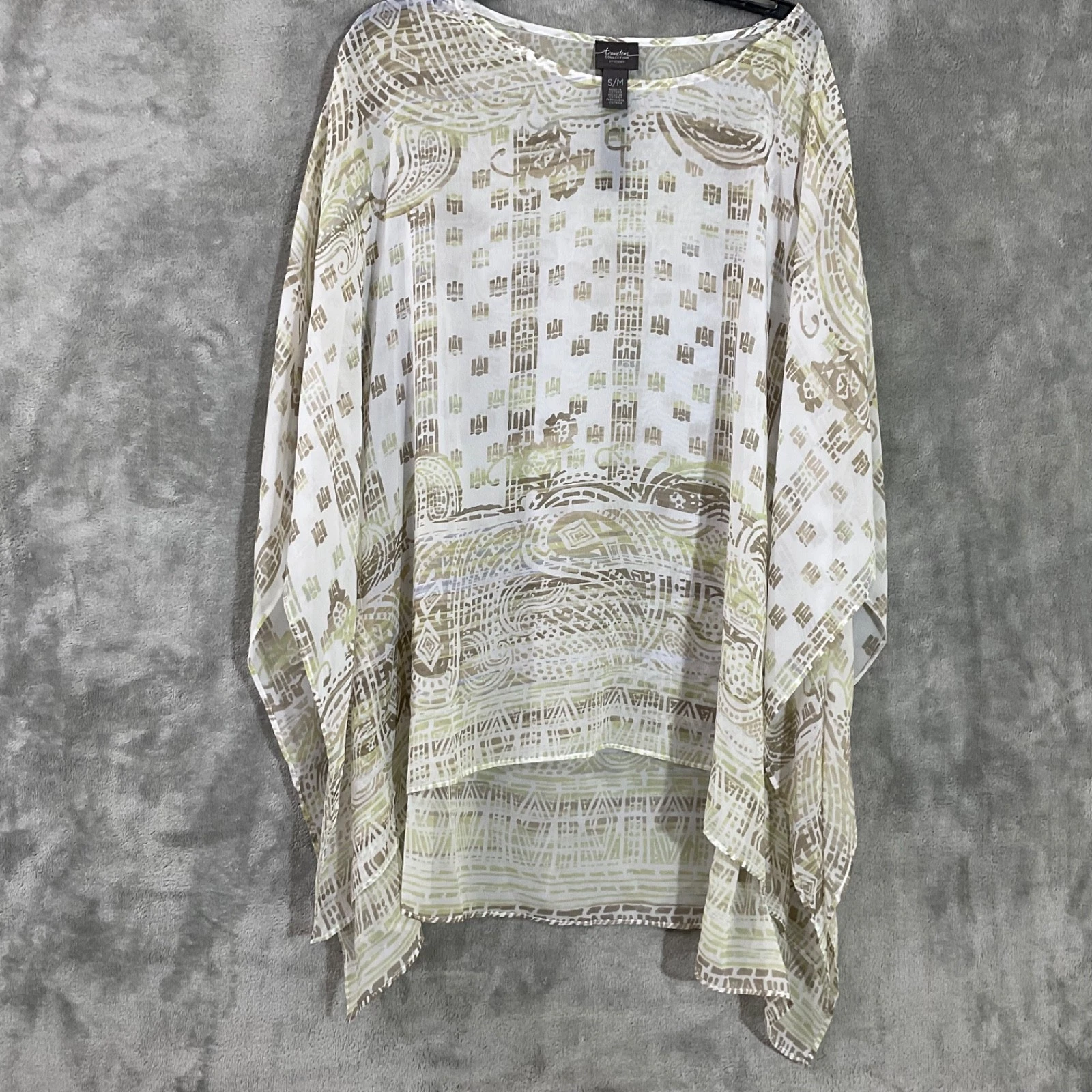 Chico’s Travelers Stencil Scarf mix print Top Poncho Kimono Sheer S/M EUC