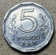 1961 Argentina 5 Five Pesos - Argentine Coin - Nickel Clad Steel - World Coin
