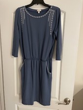 Garnet Hill Women’s Dress Blue Silver Embroidered Pockets Size S/M Long Sleeves