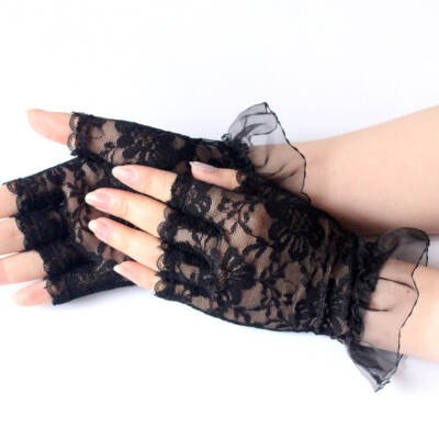 Fashion Short Half Finger Lace Gloves Women Sexy Thin Black Mesh Fishnet Mittens