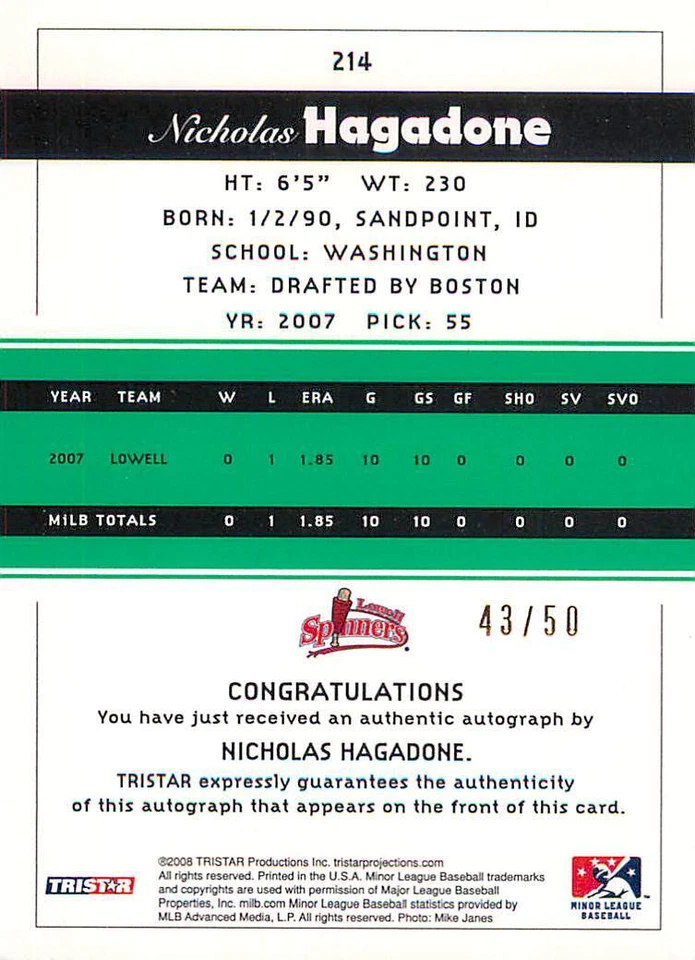 NICK HAGADONE 2008 Tri Star ROOKIE GREEN AUTO /50 RC #214 Red Sox - Image 2 of 2