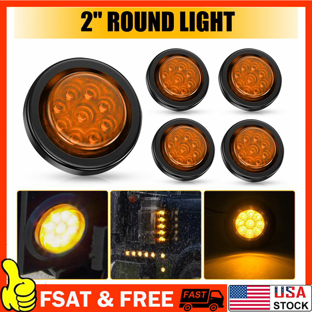 5-Pack 2-Inch 9-LED Amber Round Clearance Side Marker Lights for Trucks and Trailers - 12V Waterproof, Durable, and Highly Visible for Enhanced Safety