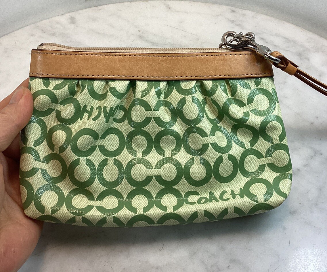 Vintage COACH Signature Optic Green Coated Canvas Leather Trim
