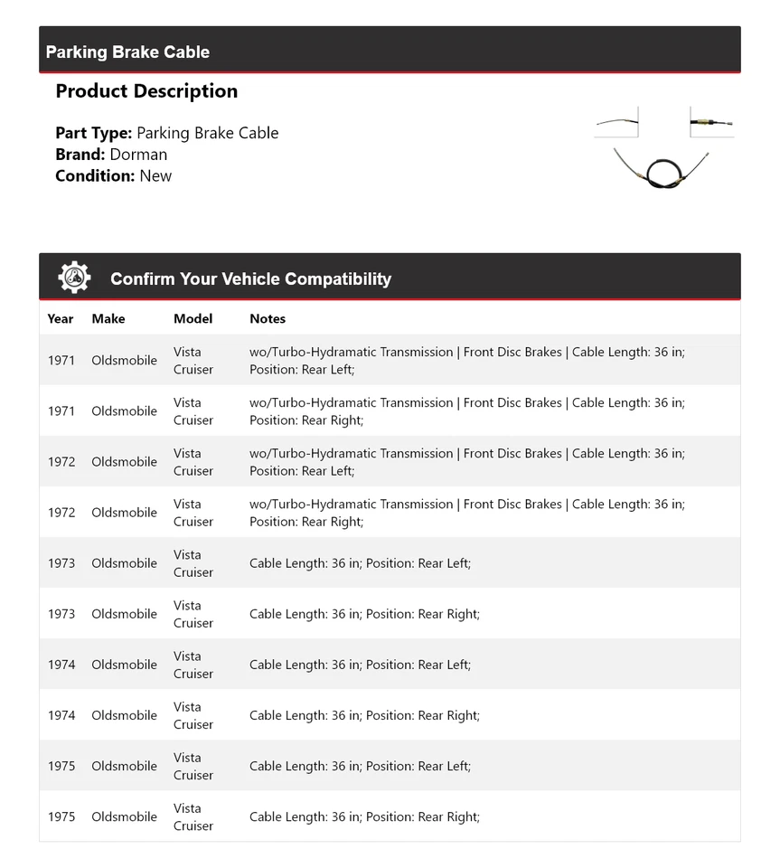 For 1971-1975 Oldsmobile Vista Cruiser Dorman Parking Brake Cable 1972 1973 1974 - Image 2 of 4