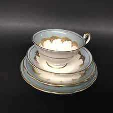4 pc Vintage EB Foley Lunch Set Cup Saucer Bowl and Plate Light Blue Gold Wheat