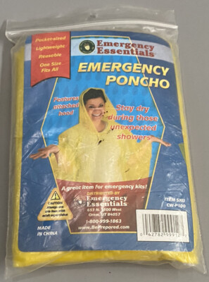Brand New In Package Emergency Essentials Emergency Poncho Attached Hood NIP