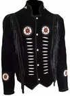 Men Western Cowboy Suede Fringe Jacket Beaded Native American Leather Jacket