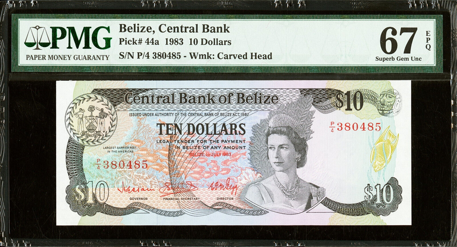 Belize 10 Dollars 1983 Pick-44a QEII Superb GEM UNC PMG 67 EPQ
