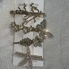 Hair Barrettes Lot Of 4, Gold Toned w/rhinestones, Starfish, Butterfly  Tree