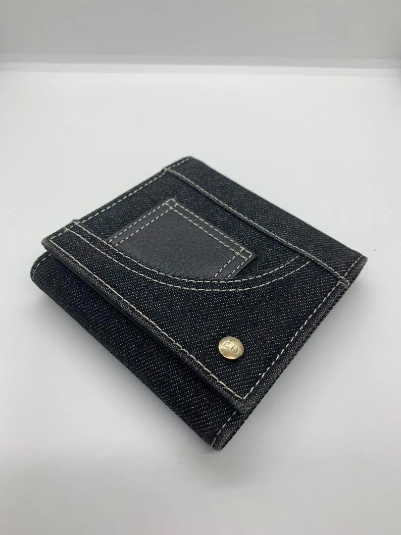 Authentique portefeuille pliant Christian Dior en denim noir 11 x 10 cm mode femme