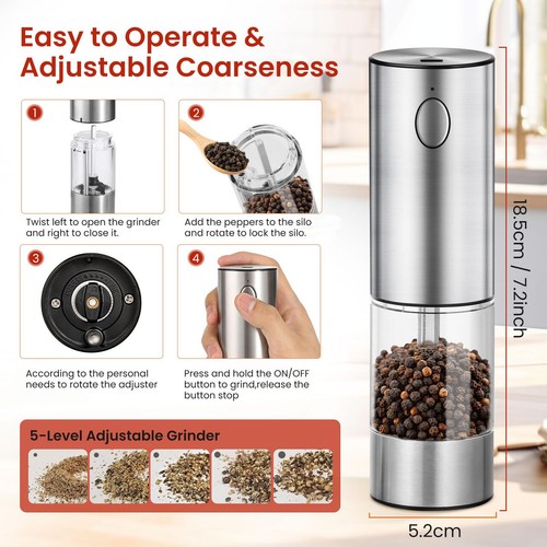 Electric Salt and Pepper Grinder Set, Rechargeable Stainless Steel Automatic Mil - Picture 7 of 8